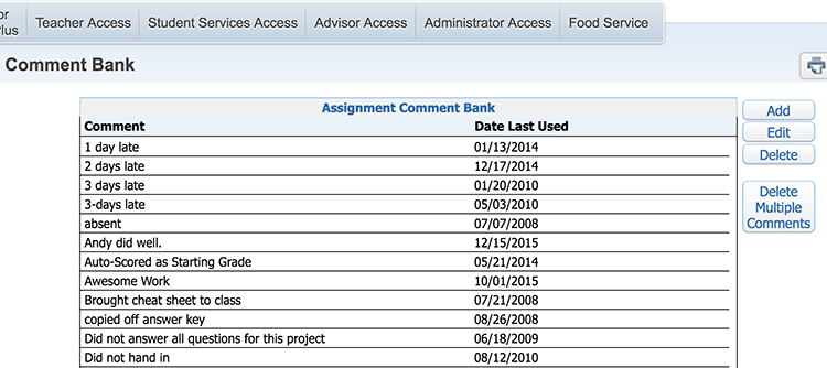 Comment Bank