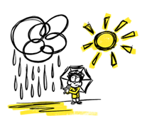 boy with umbrella between rain and sun